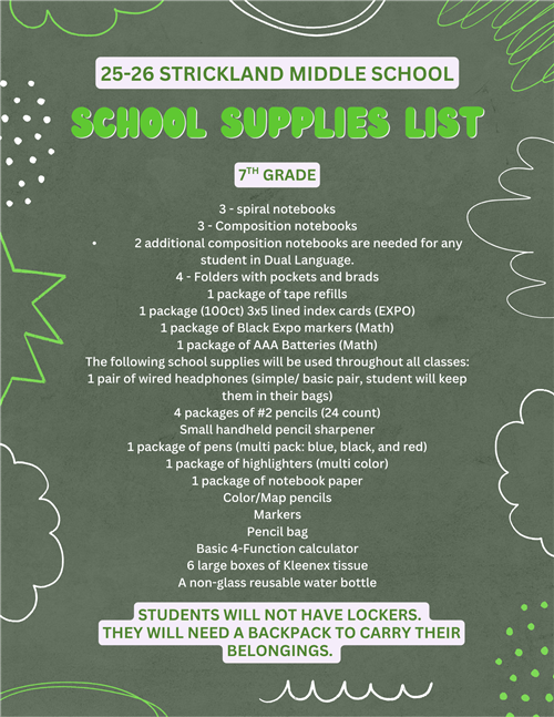 7th Grade Supply List